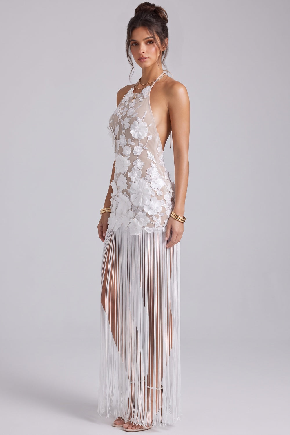 White 3D Floral Mesh Lace Maxi Dress with Fringe Overlay Flowering Girl