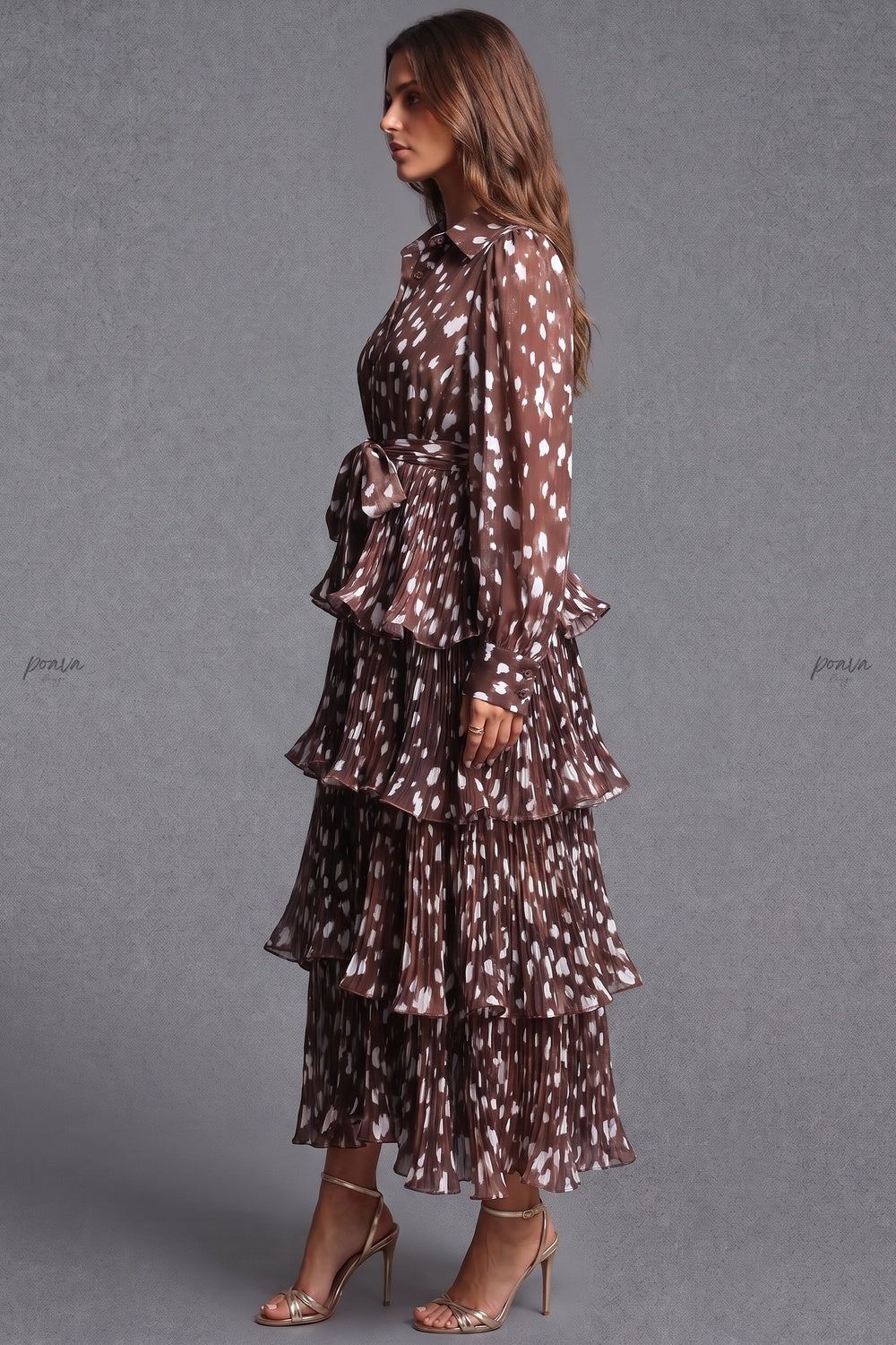Dark Brown Sheer Chiffon Tiered Shirt Dress Flowering Girl