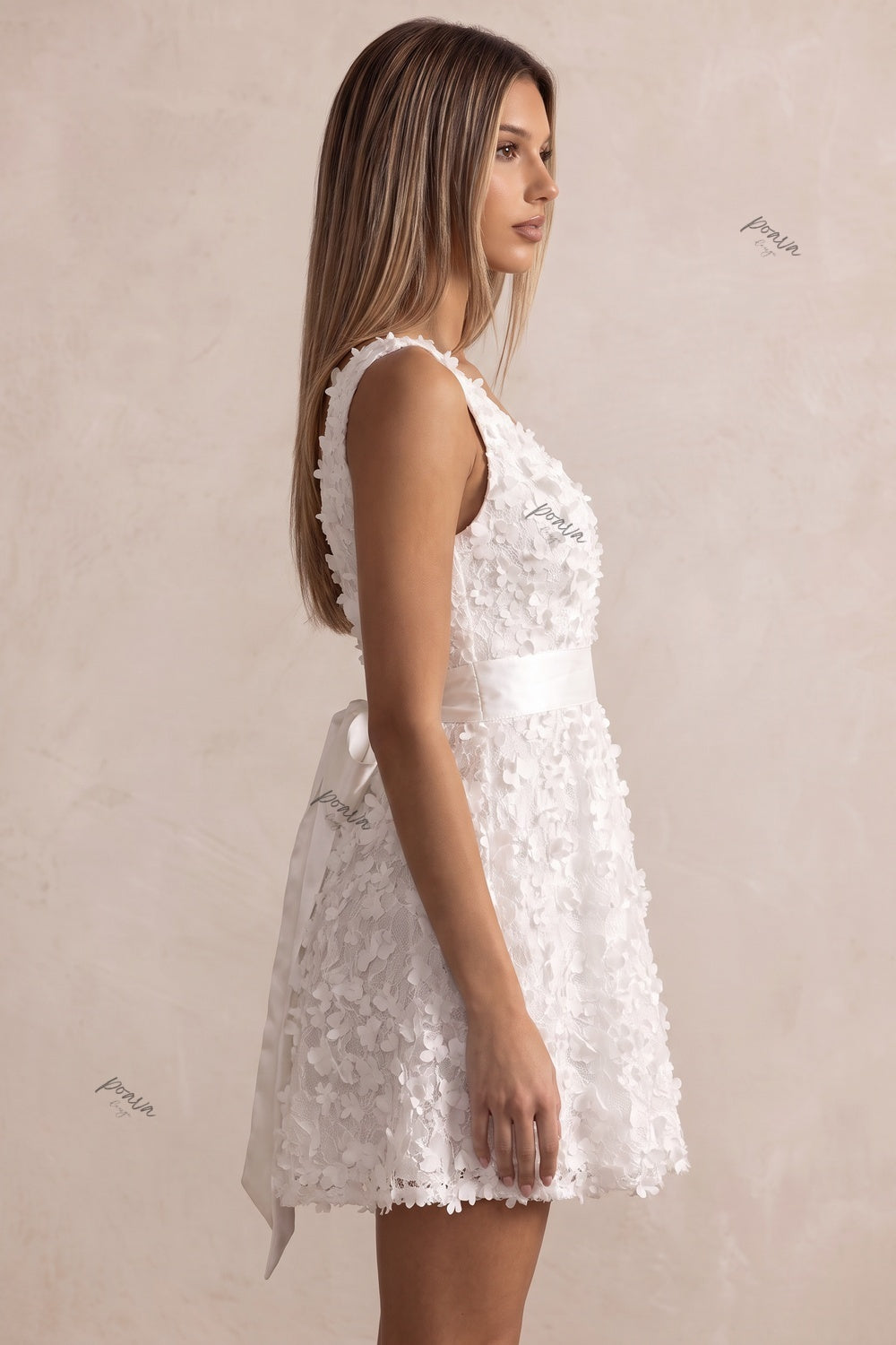 White 3D Floral Mini Fit-and-Flare Dress with Deep V-Neck Flowering Girl