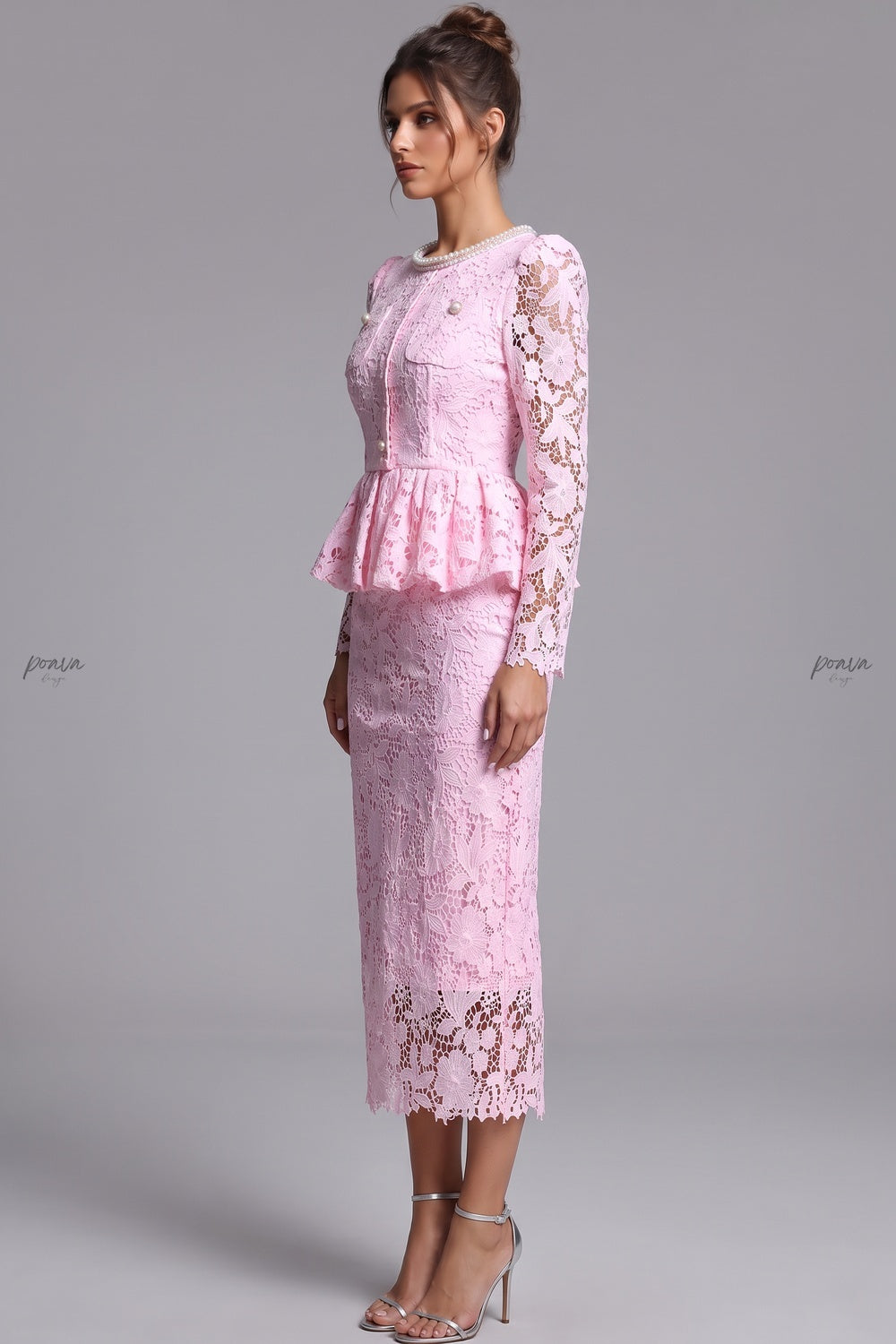 Light Pink Floral Lace Two-Piece Peplum Top and Midi Pencil Skirt Set Flowering Girl