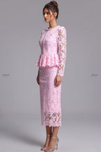 Light Pink Floral Lace Two-Piece Peplum Top and Midi Pencil Skirt Set Flowering Girl