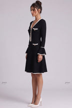 Black Heavy Compact Knit Fit-and-Flare Dress with White Scalloped Trim Flowering Girl