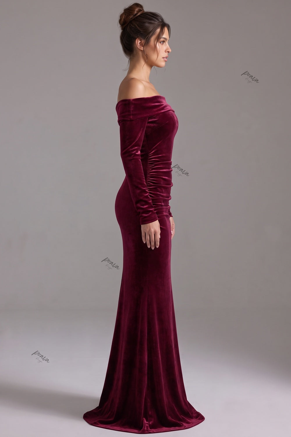 Burgundy Velvet Mermaid Evening Gown Flowering Girl