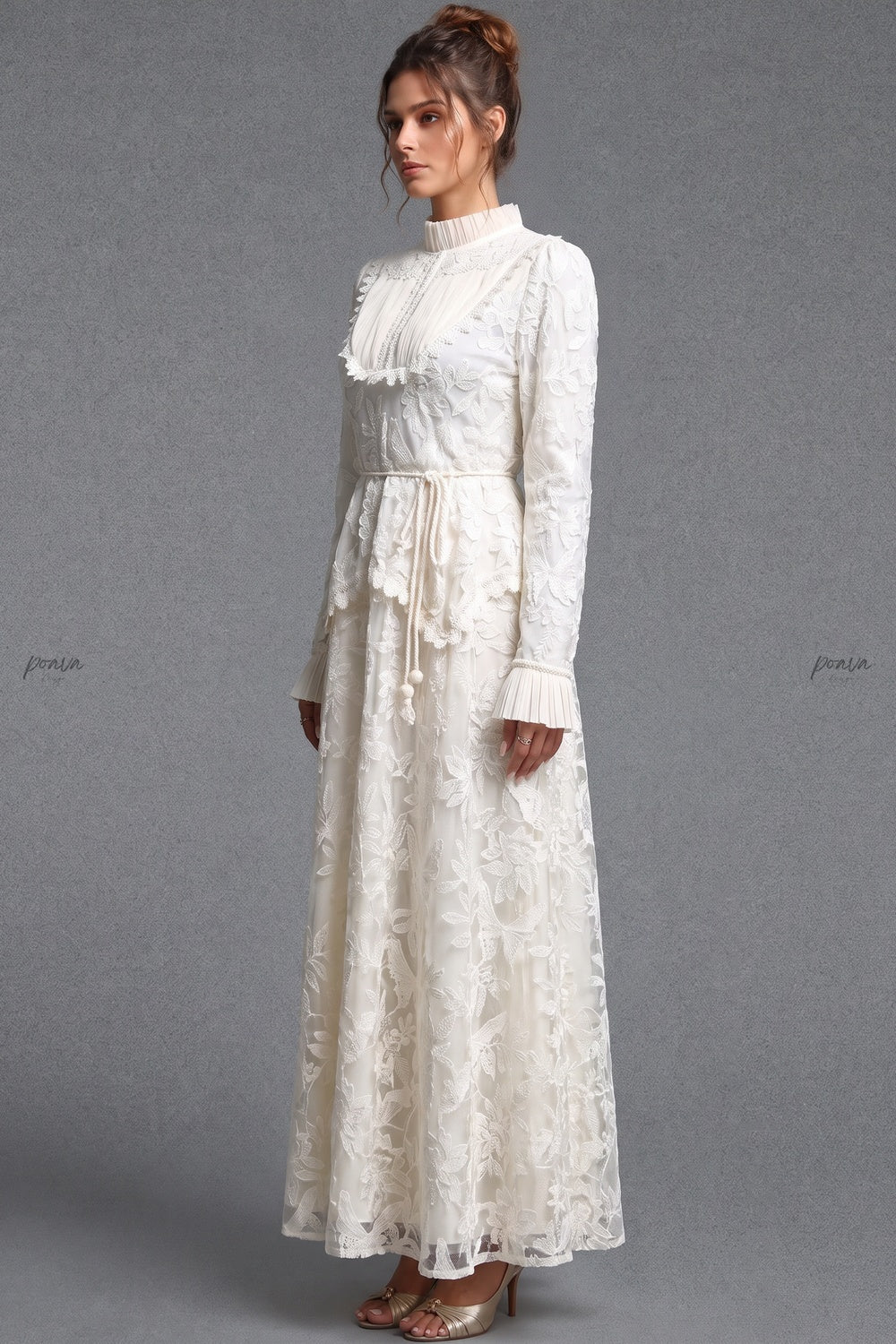 Ivory Floral Embroidered Lace A-line Maxi Dress with Tiered Waist Overlay Flowering Girl