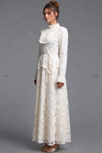Ivory Floral Embroidered Lace A-line Maxi Dress with Tiered Waist Overlay Flowering Girl