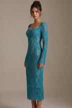 Turquoise Floral Lace Midi Dress, Square Neck Long Sleeve Bodycon Formal Dress Flowering Girl
