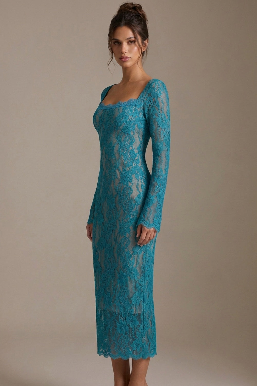 Turquoise Floral Lace Midi Dress, Square Neck Long Sleeve Bodycon Formal Dress Flowering Girl