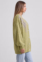 Chartreuse Heathered Knit Oversized Cardigan with Beaded Pearl Shoulders Flowering Girl