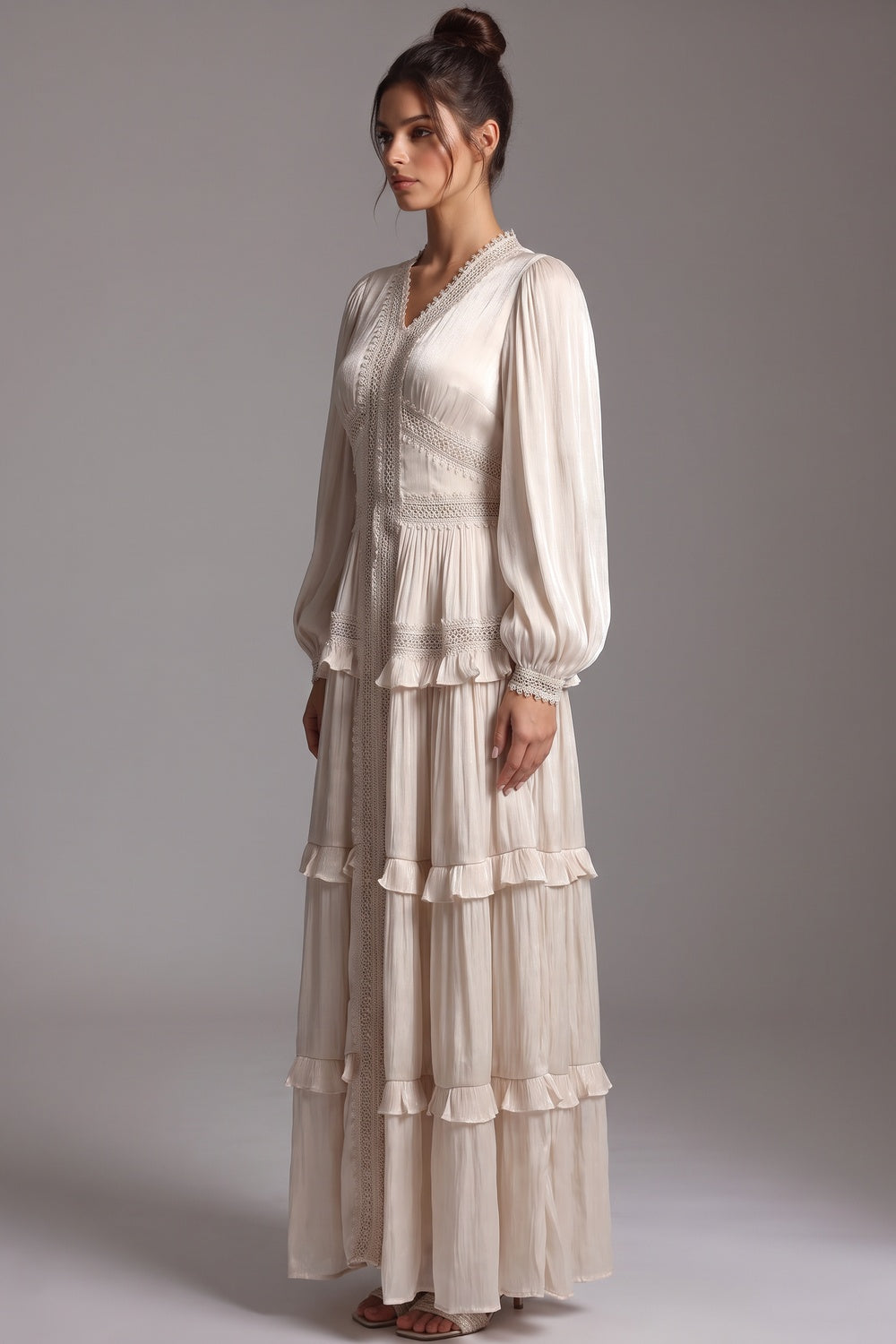 Cream Crinkled Satin Tiered A-Line Maxi Dress Flowering Girl