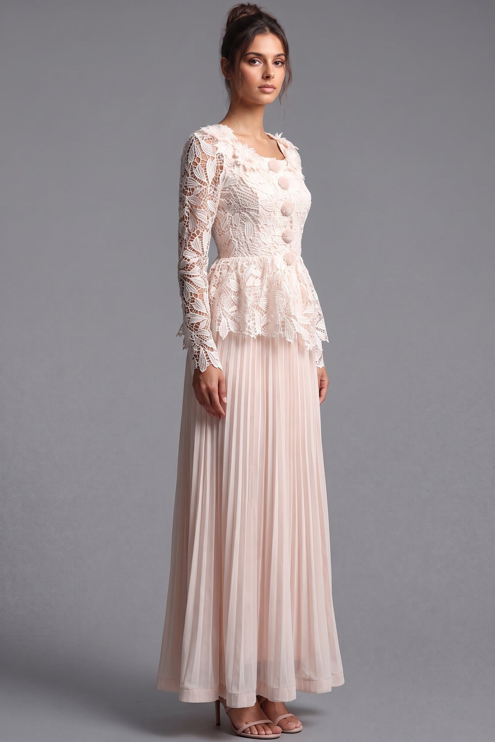 Pale Blush Pink Lace Fitted Peplum Top with A-Line Maxi Skirt Two-Piece Set Flowering Girl