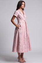Pale Pink Floral Jacquard Fit-and-Flare Midi Dress with Metallic Sheen Flowering Girl