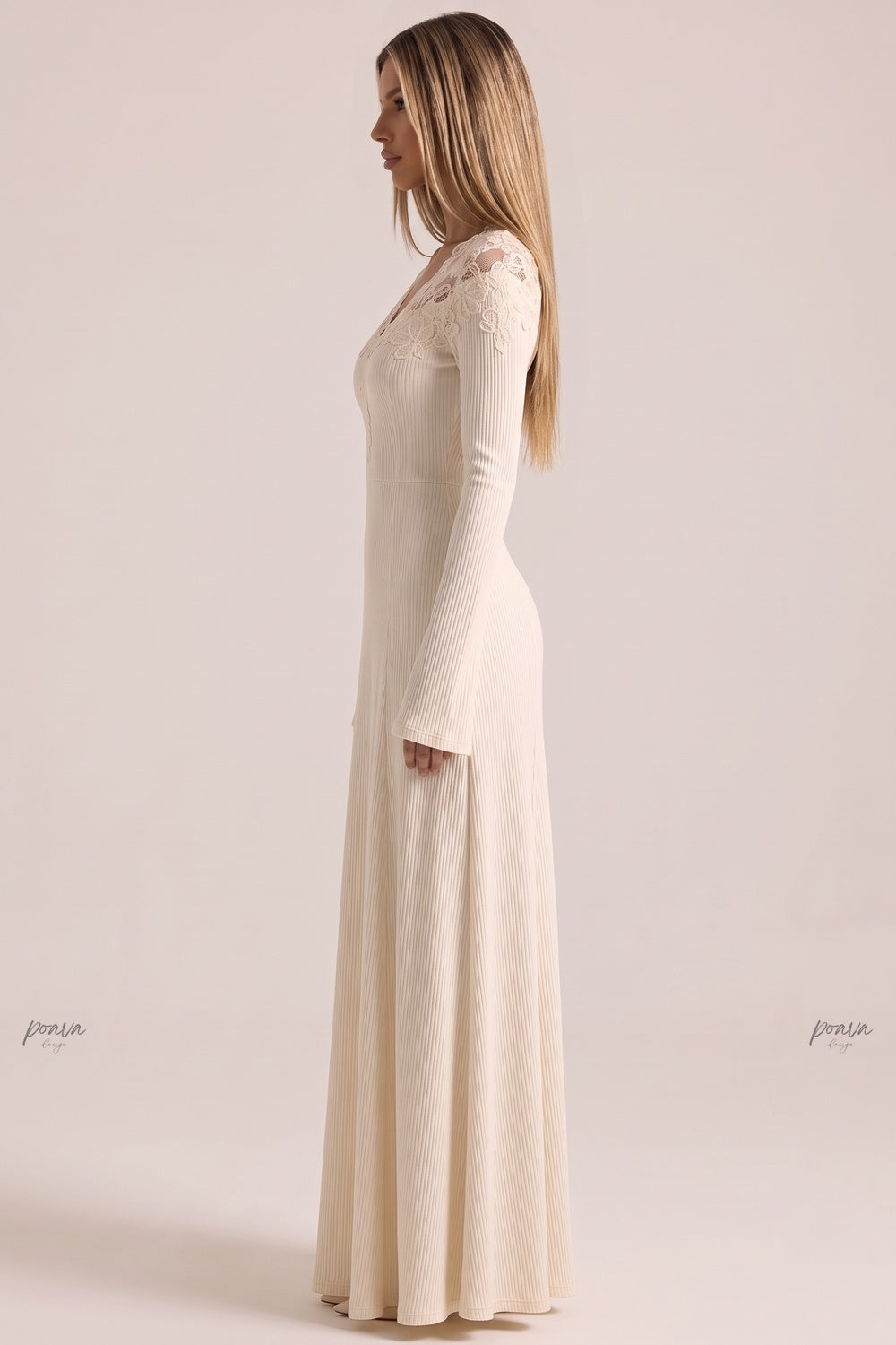 Cream Ribbed Knit Maxi Dress with Lace V-Neck Flowering Girl