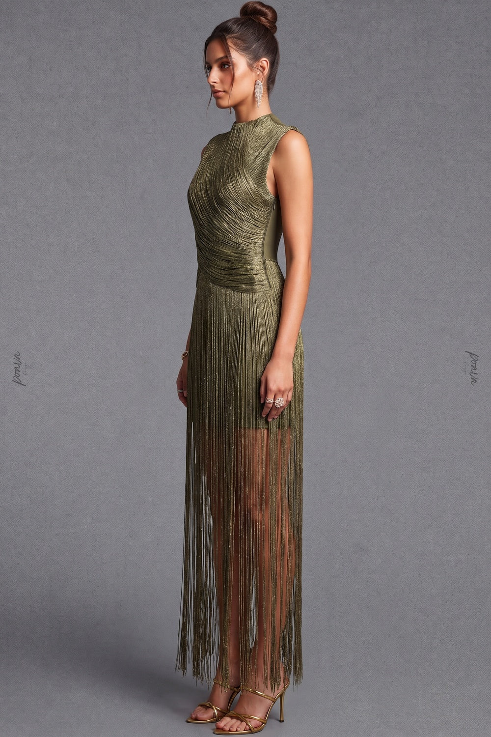 Olive Green Metallic Fringe Fitted Bodice Dress Flowering Girl