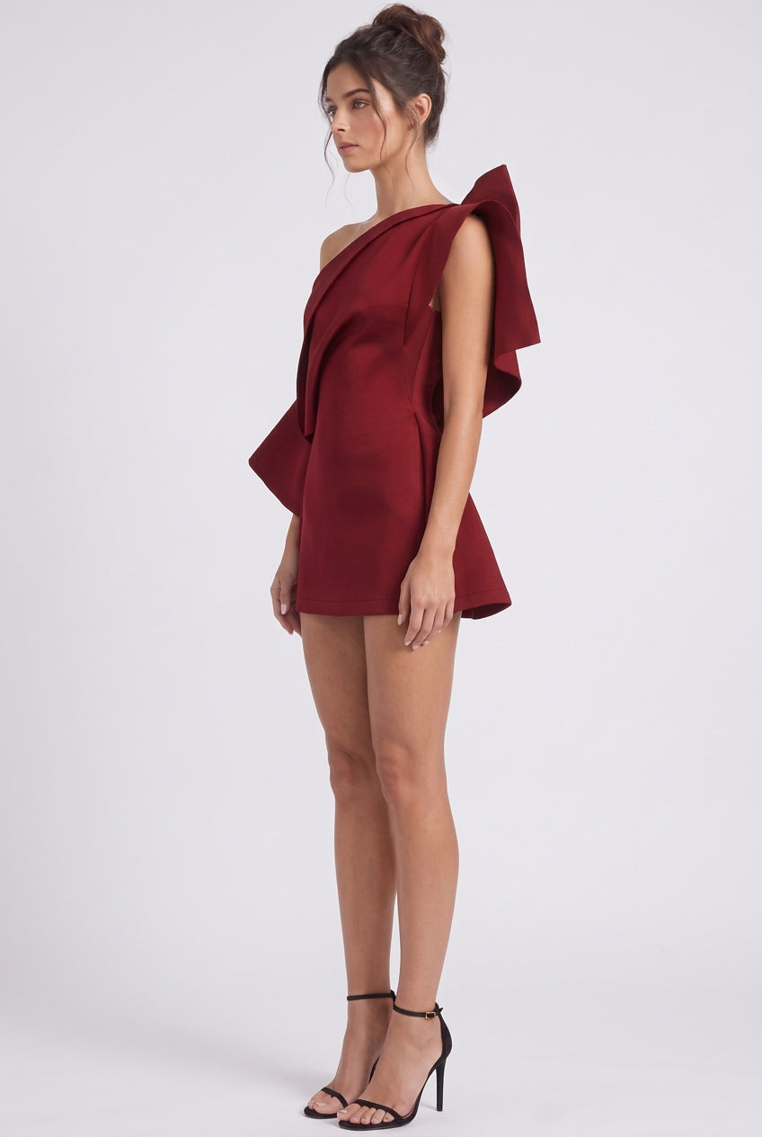 Deep Red One-Shoulder Sculptural Draped Mini Dress Flowering Girl