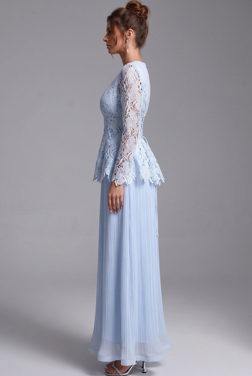 Light Blue Floral Lace Peplum Top & Pleated Maxi Skirt Two-Piece Dress Set Flowering Girl