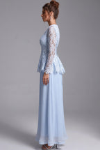 Light Blue Floral Lace Peplum Top & Pleated Maxi Skirt Two-Piece Dress Set Flowering Girl