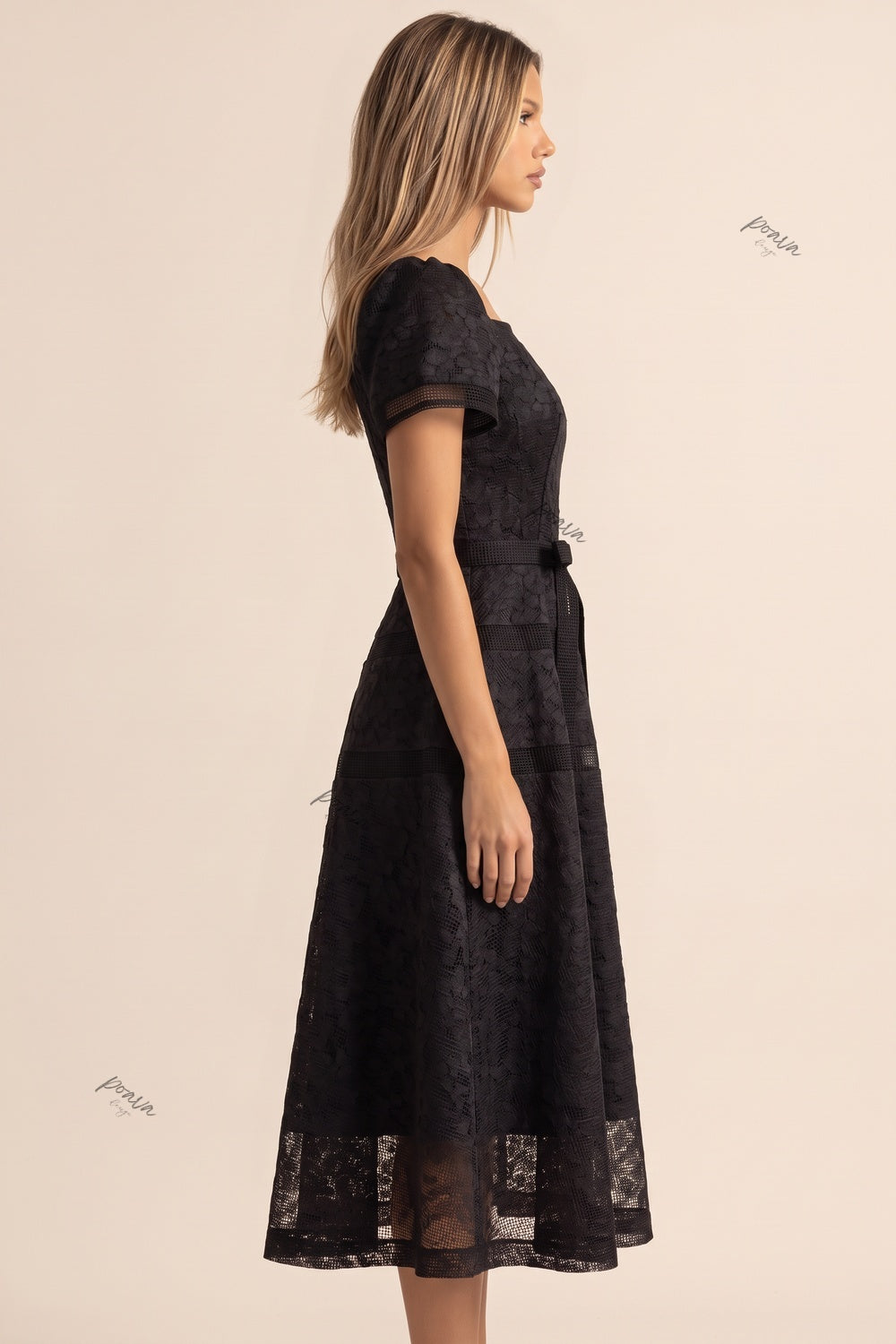 Black Floral Lace Fit-and-Flare Midi Dress Flowering Girl