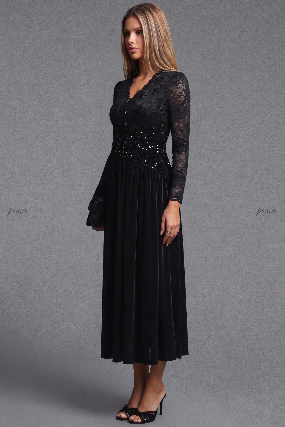 Black Velvet A-Line Midi Dress with Floral Lace and Sequin Waist Flowering Girl