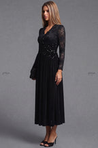 Black Velvet A-Line Midi Dress with Floral Lace and Sequin Waist Flowering Girl
