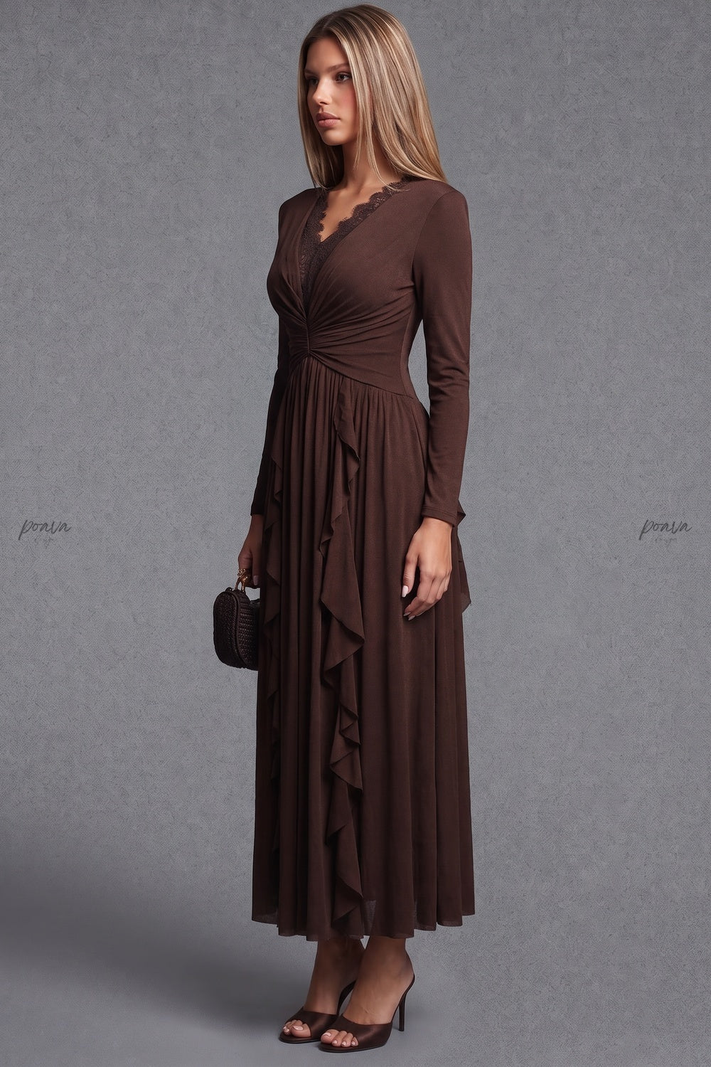 Dark Brown A-Line Maxi Dress with Lace Trim V-Neck and Cascading Ruffles Flowering Girl