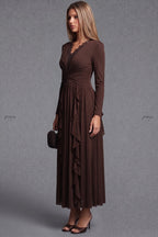 Dark Brown A-Line Maxi Dress with Lace Trim V-Neck and Cascading Ruffles Flowering Girl