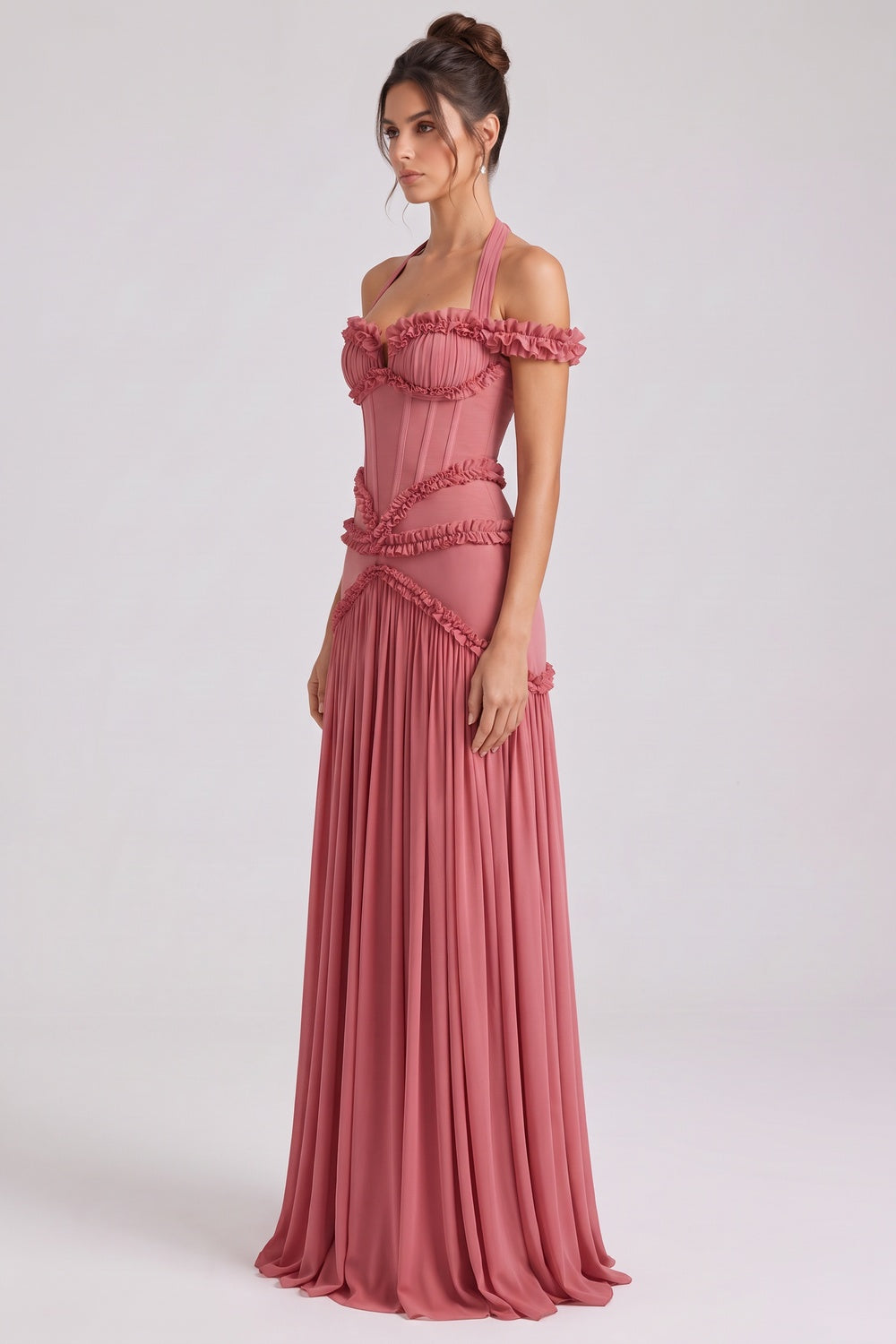Dusty Rose Fitted Corset Gown with Tiered Ruffles and Halter Neck Flowering Girl