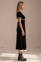 Black Velvet Empire-Waist A-Line Dress with Cream Lace Trim Flowering Girl