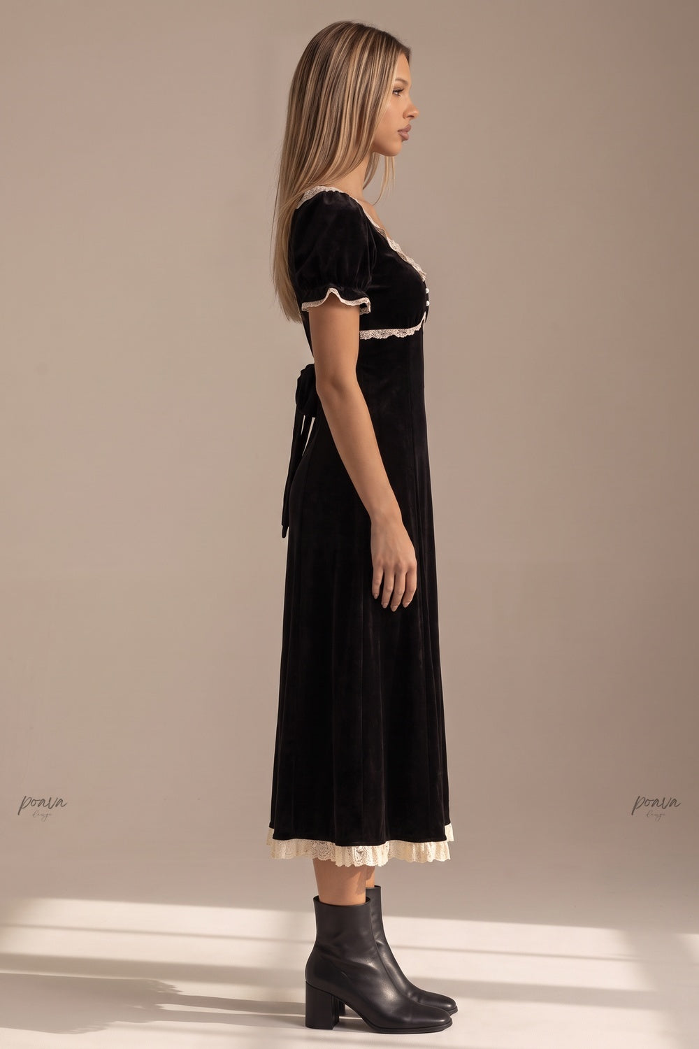 Black Velvet Empire-Waist A-Line Dress with Cream Lace Trim Flowering Girl