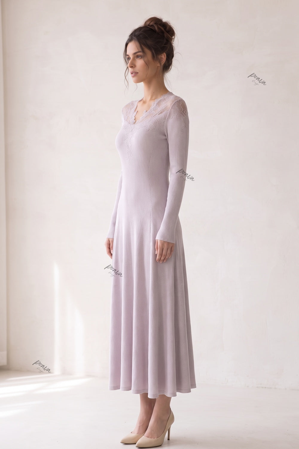 Pale Lavender Fine-Gauge Knit A-Line Dress Flowering Girl