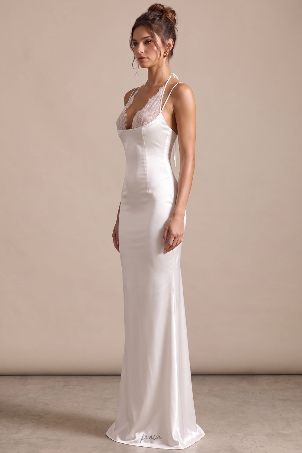 Ivory Satin Column Gown with Lace Insert Flowering Girl