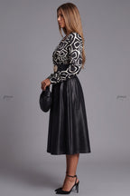 Black Satin-Finish Woven Fabric A-Line Mock Two-Piece Midi Dress Flowering Girl