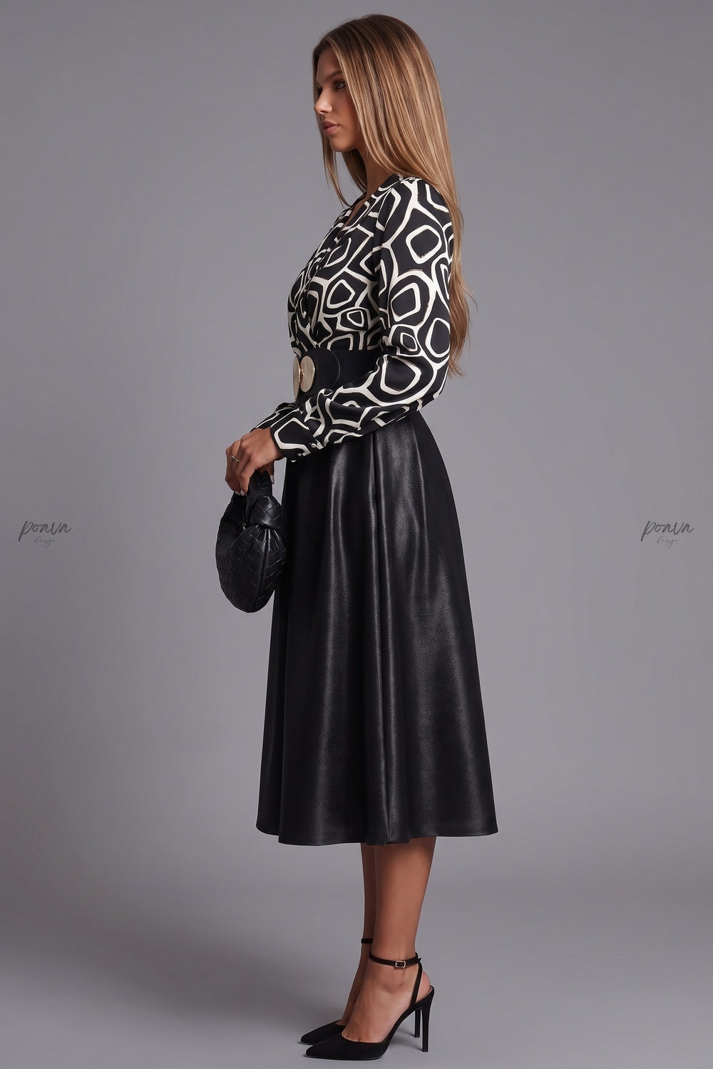 Black Satin-Finish Woven Fabric A-Line Mock Two-Piece Midi Dress Flowering Girl