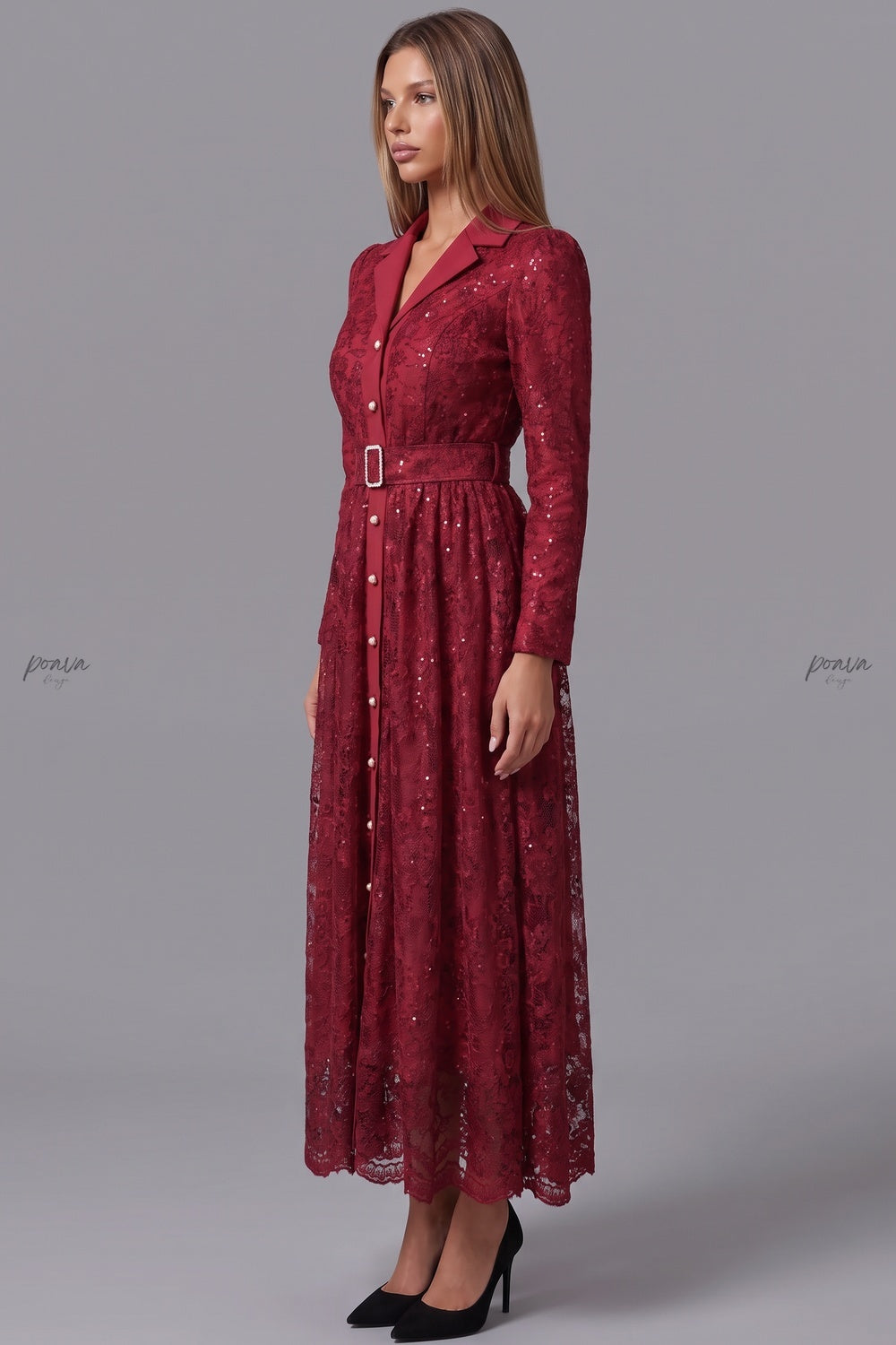 Deep Red Floral Lace A-Line Maxi Dress Flowering Girl