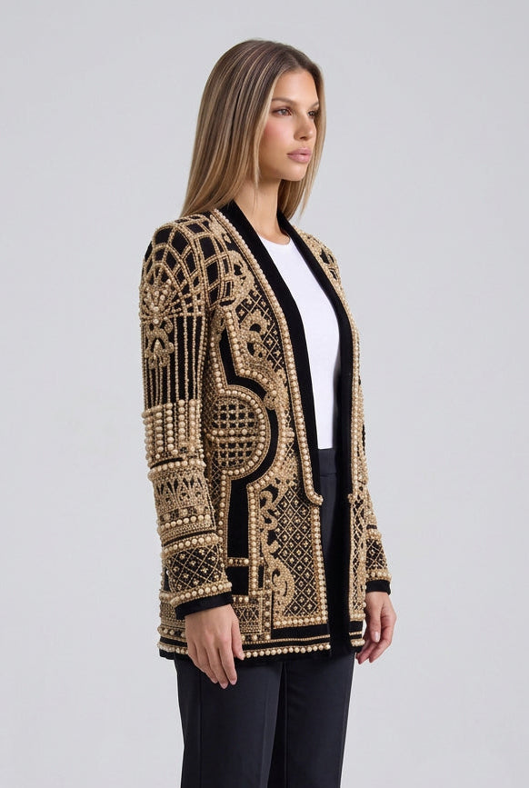 Black Structured Longline Blazer with Pearl and Gold Embroidery Flowering Girl