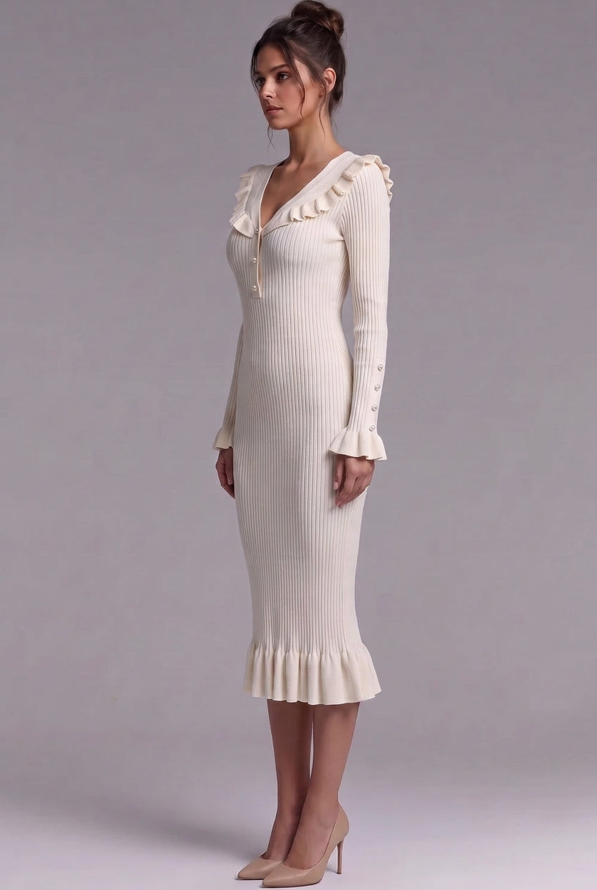 Cream Ribbed Knit Fitted Sheath Midi Dress with Ruffle Trim Flowering Girl