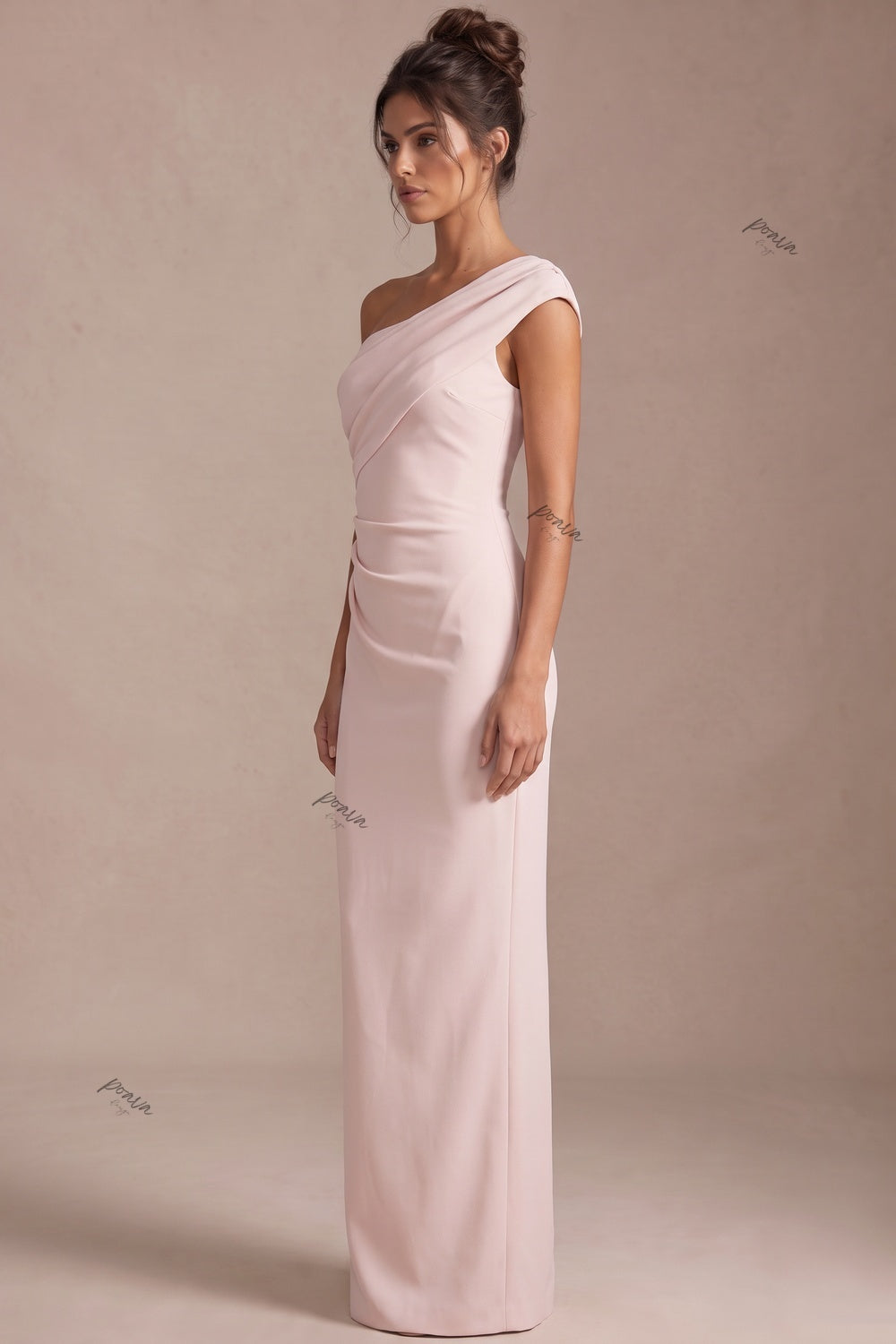 Pale Blush Pink Crepe Asymmetric Column Dress Flowering Girl