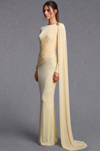 Pale Yellow Fine Stretch Knit Column Evening Gown with Asymmetric Draped Cape Flowering Girl
