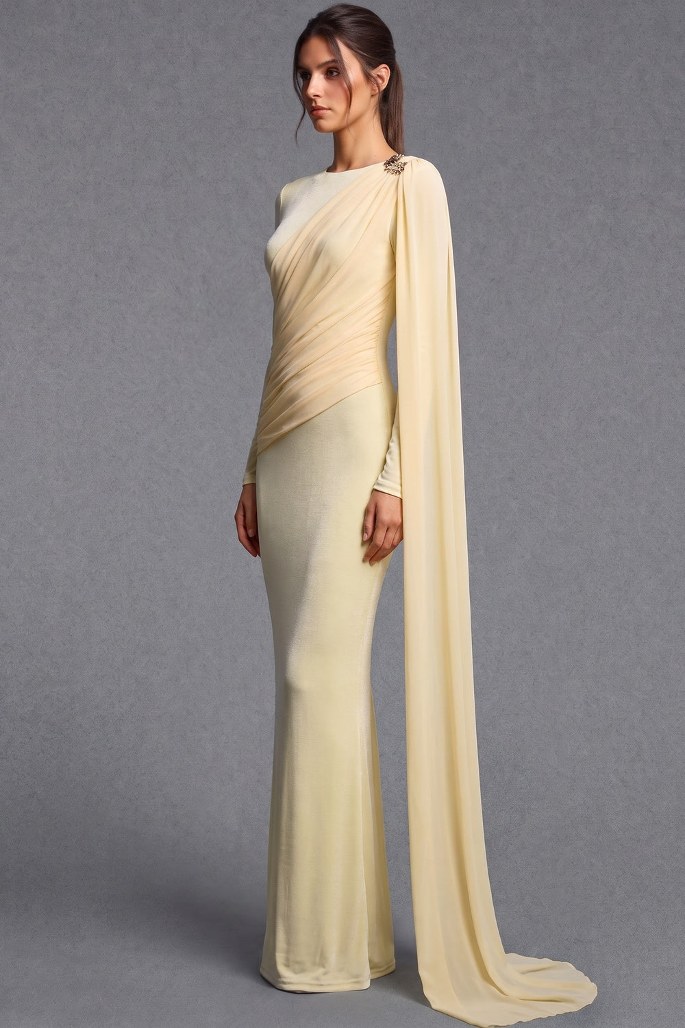 Pale Yellow Fine Stretch Knit Column Evening Gown with Asymmetric Draped Cape Flowering Girl