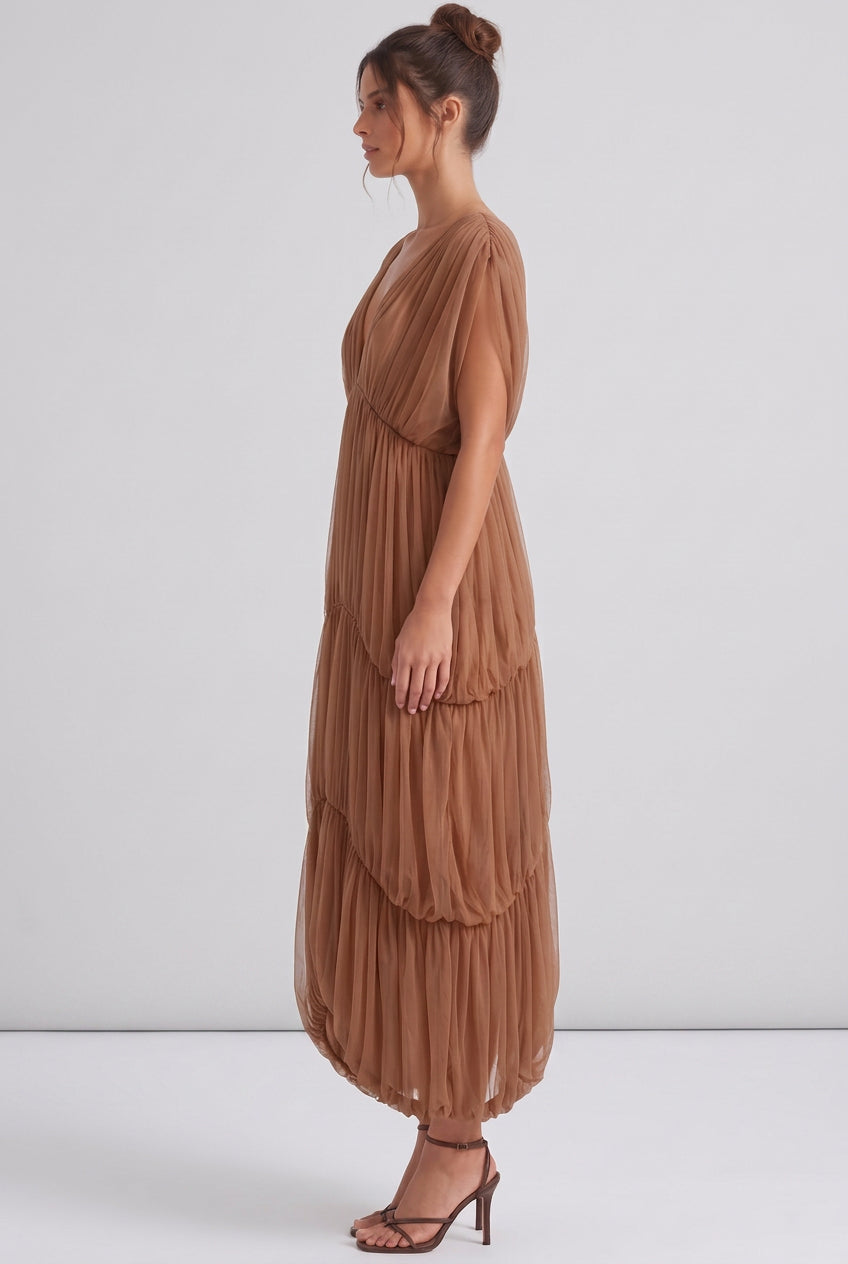 Brown Sheer Tulle Mesh Tiered Cocoon Dress Flowering Girl