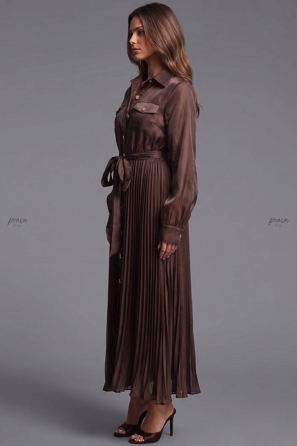 Chocolate Brown Semi-Sheer Organza-Like A-Line Maxi Shirt Dress Flowering Girl