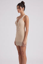 Beige Ribbed Knit Bodycon Mini Dress with Lace Trim