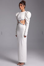 White Heavy Crepe Column Maxi Dress with Puff Shoulders and Crystal Cutouts Flowering Girl
