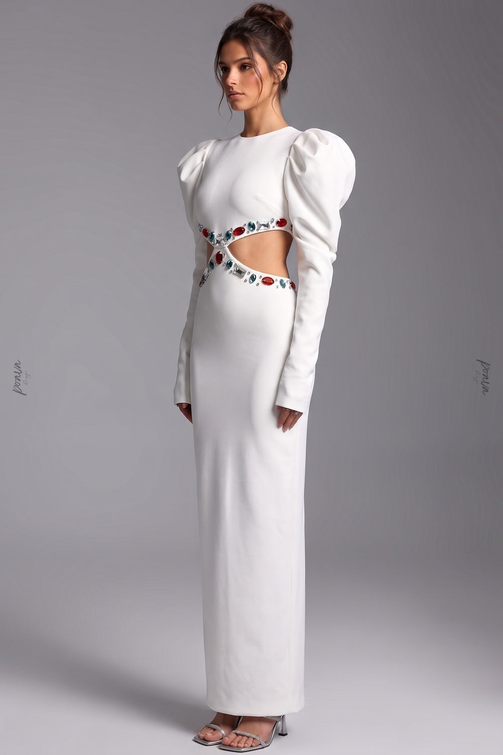 White Heavy Crepe Column Maxi Dress with Puff Shoulders and Crystal Cutouts Flowering Girl