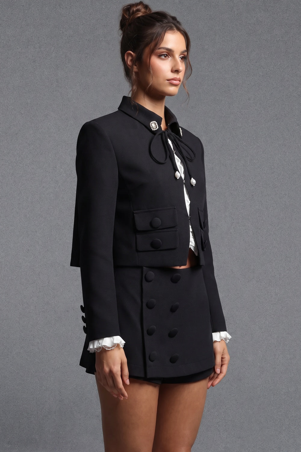 Black Structured Two-Piece Cropped Jacket and Mini Skort Set Flowering Girl