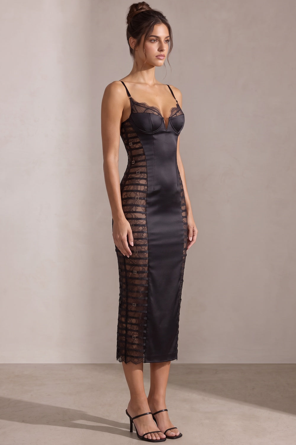 Black Satin Sheath Dress with Lace Side Panels Flowering Girl