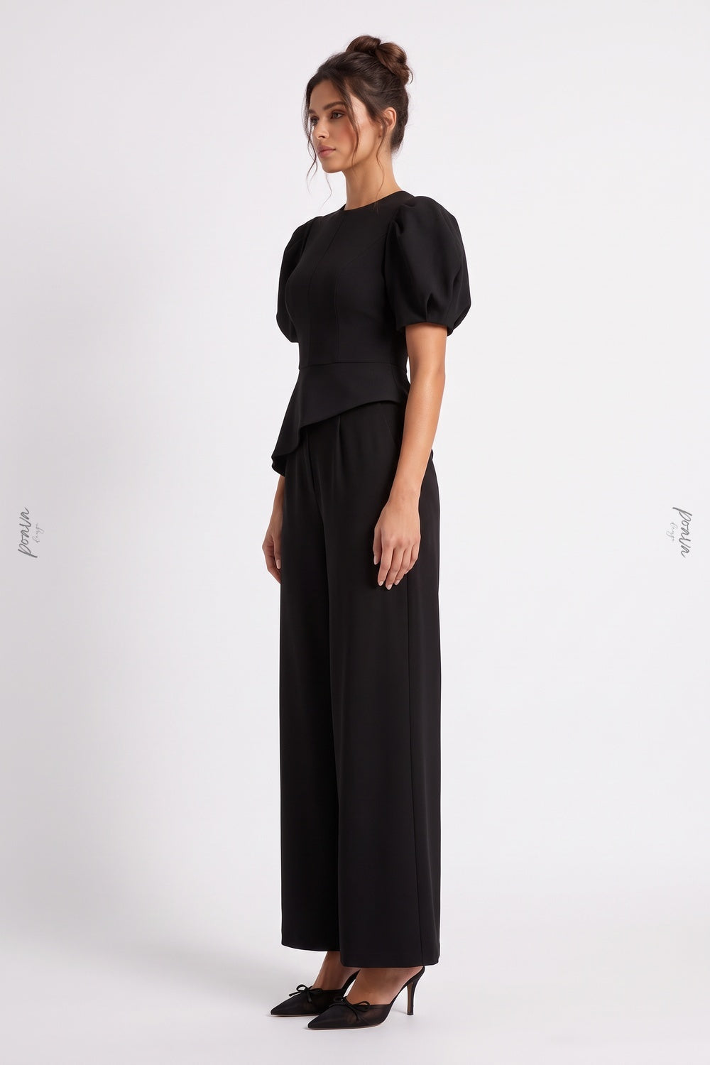 Black Structured Crepe Two-Piece Set with Puff Sleeves and Asymmetrical Peplum Flowering Girl