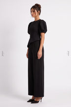 Black Structured Crepe Two-Piece Set with Puff Sleeves and Asymmetrical Peplum Flowering Girl