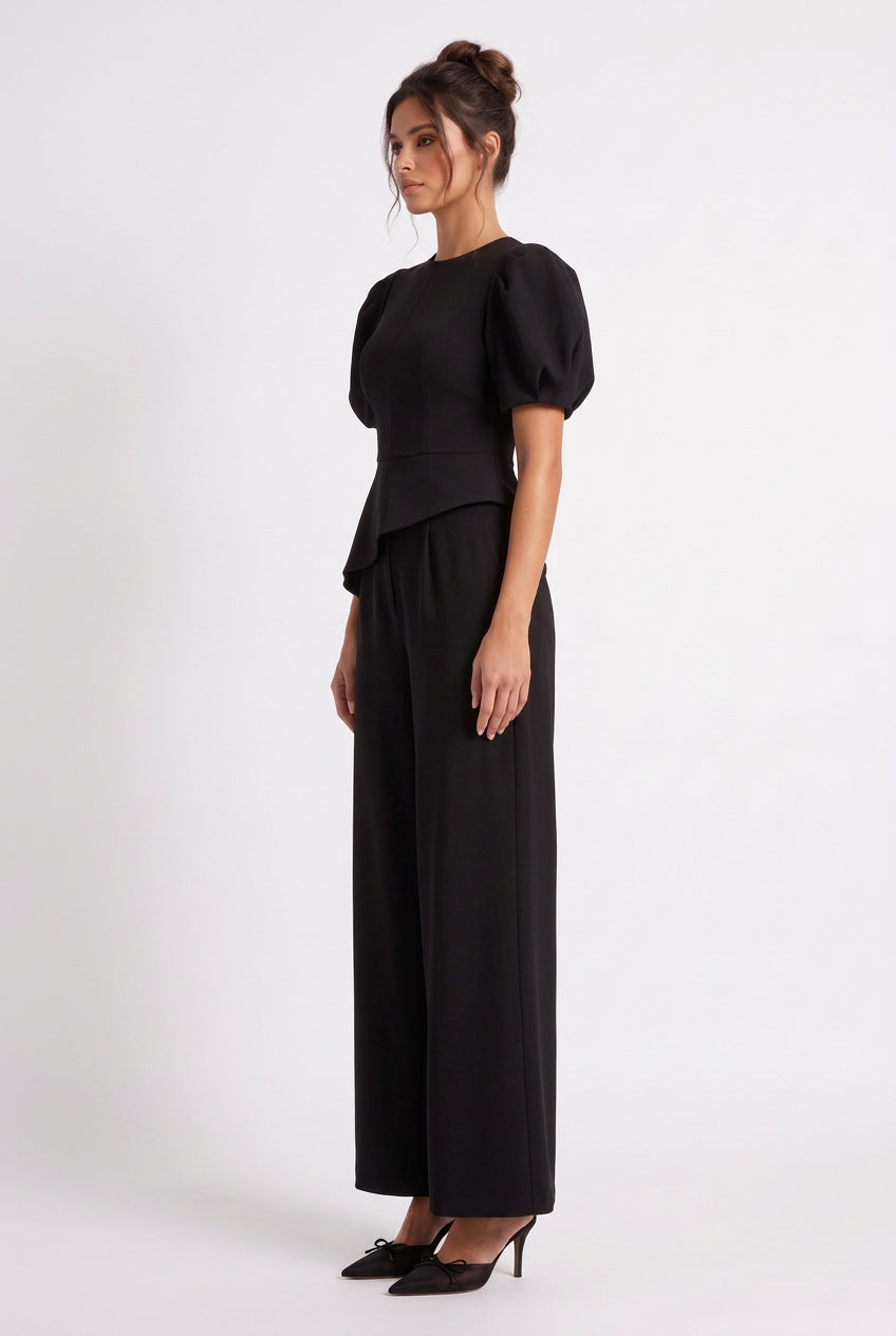 Black Structured Crepe Two-Piece Set with Puff Sleeves and Asymmetrical Peplum Flowering Girl