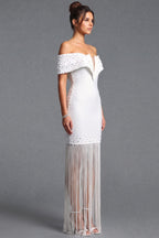 White Off-The-Shoulder Fitted Sheath Dress with Fringe and Pearl Details Flowering Girl