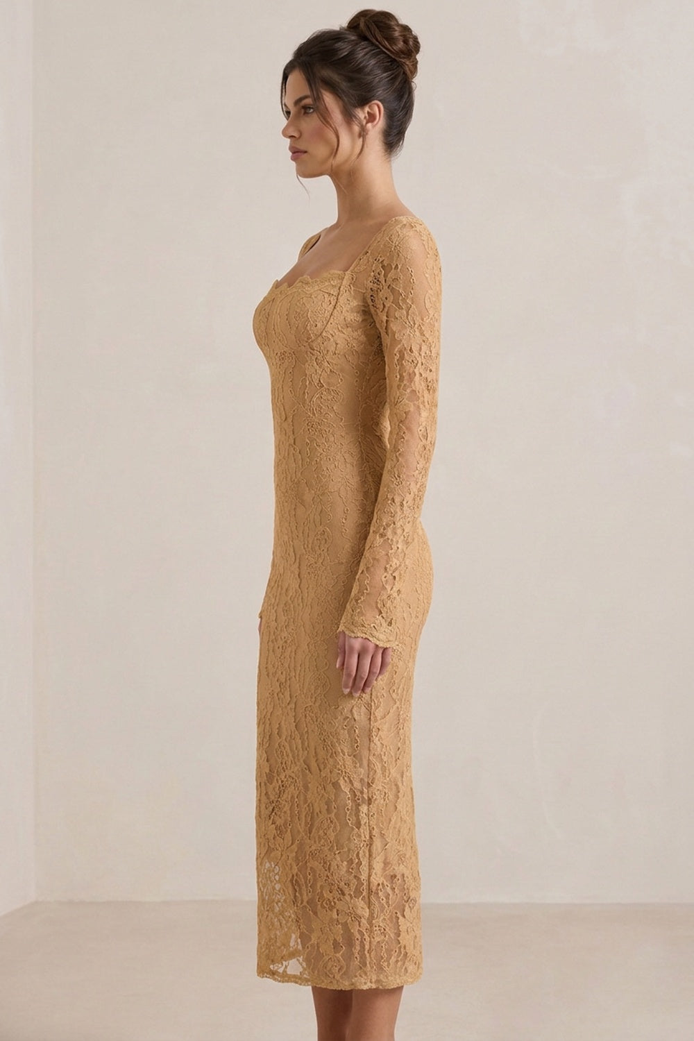 Camel Floral Lace Midi Dress, Square Neck Long Sleeve Bodycon Formal Dress Flowering Girl